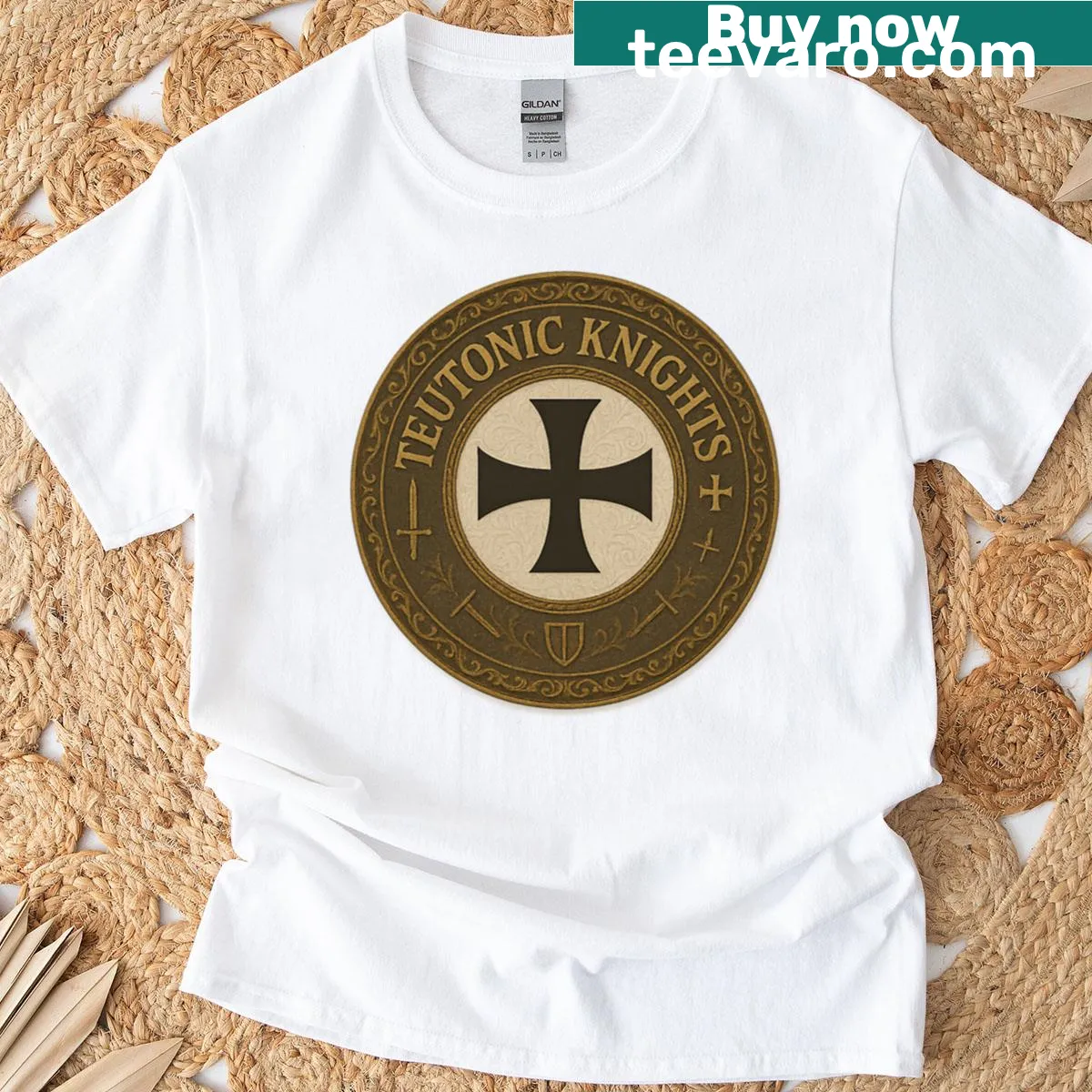 Teutonic Knight Black Cross heraldic emblem T-shirt — on a men's t-shirt