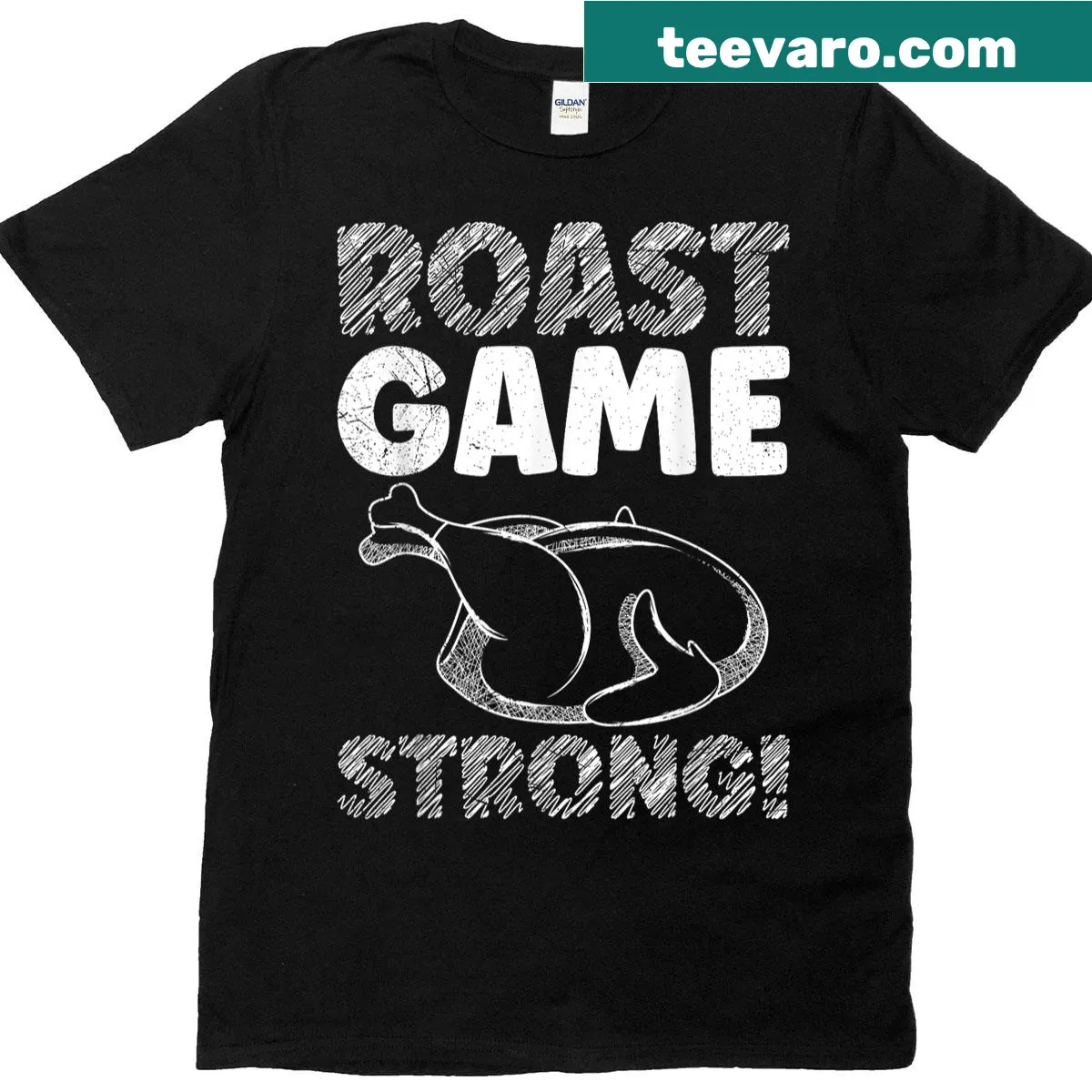 Funny Thanksgiving t-shirt with 'Turkey Roast Game Strong' phrase — on a men's t-shirt