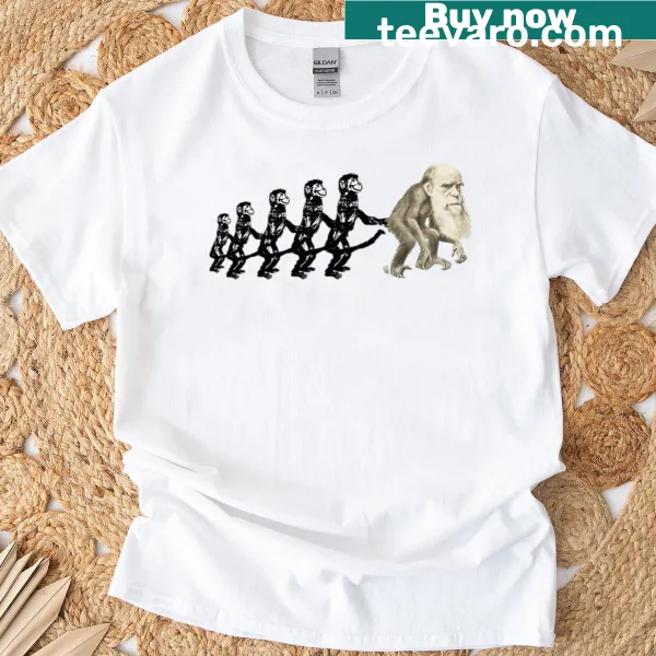 Five monkeys in a row with Darwin as a monkey T-shirt design