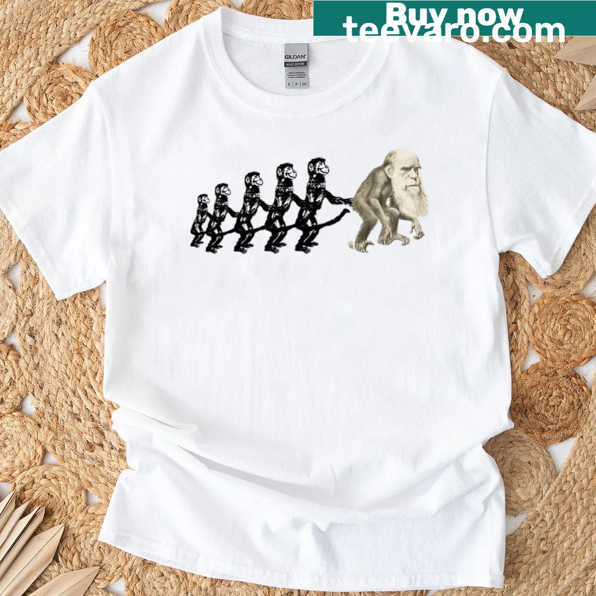 Five monkeys in a row with Darwin as a monkey T-shirt design — on a men's t-shirt