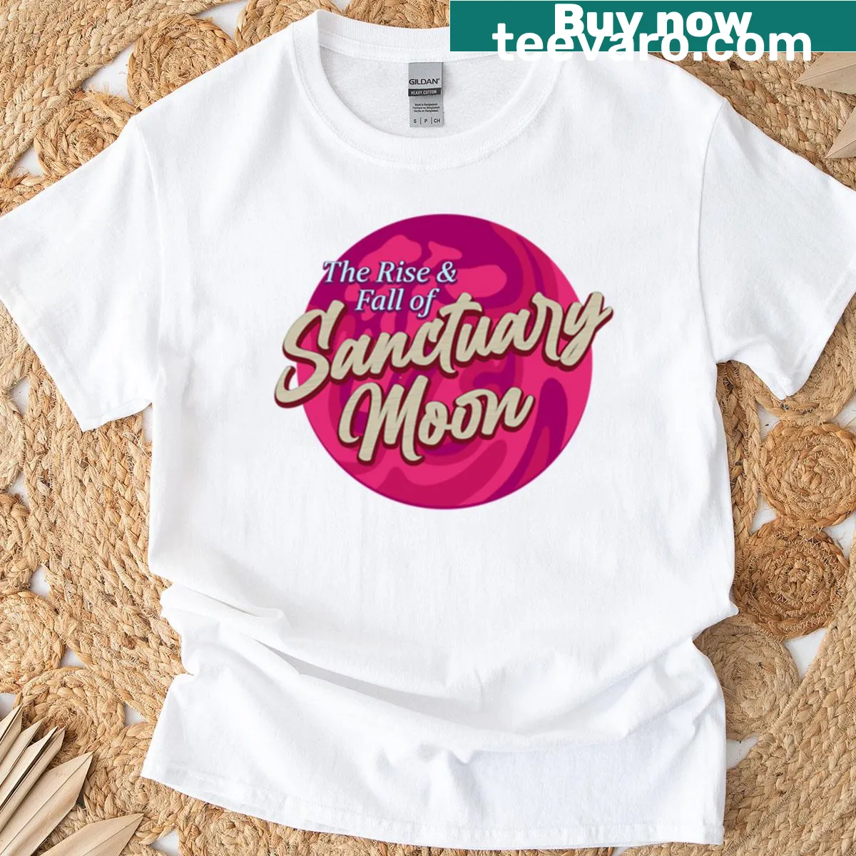 Illustrative design of Sanctuary Moon representing its rise and fall — on a men's t-shirt