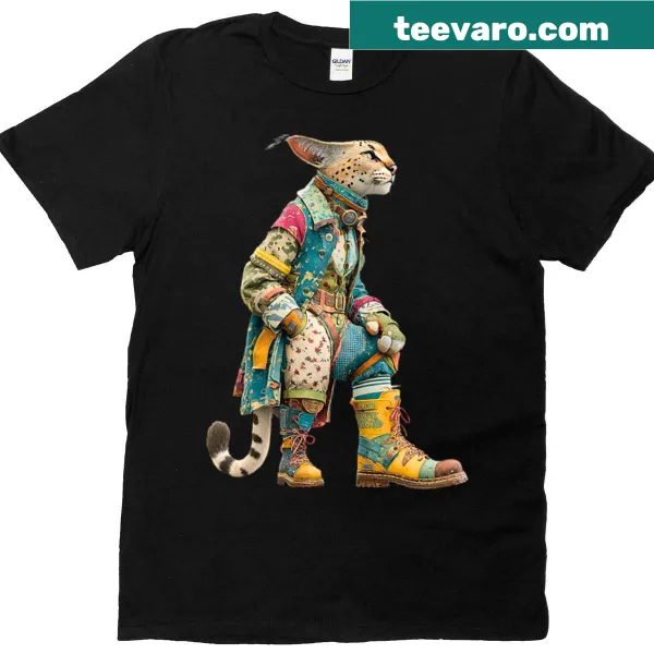 T-shirt featuring a graphic of a caracal adventurer in a patchwork design