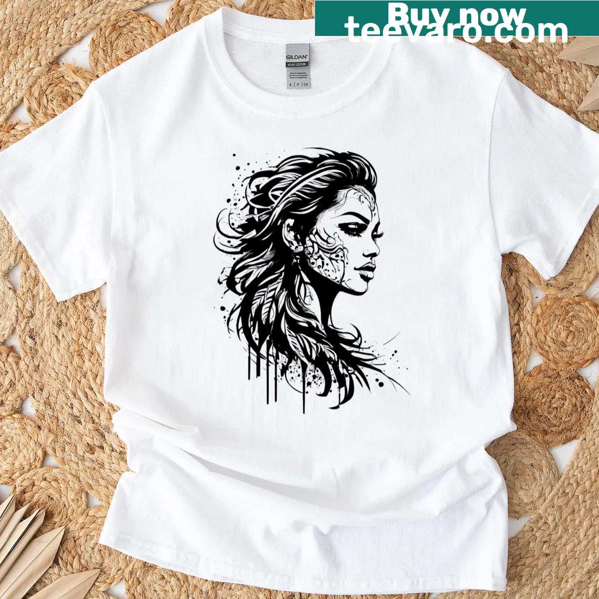Inked warrior woman portrait on a T-shirt with tribal design — on a men's t-shirt
