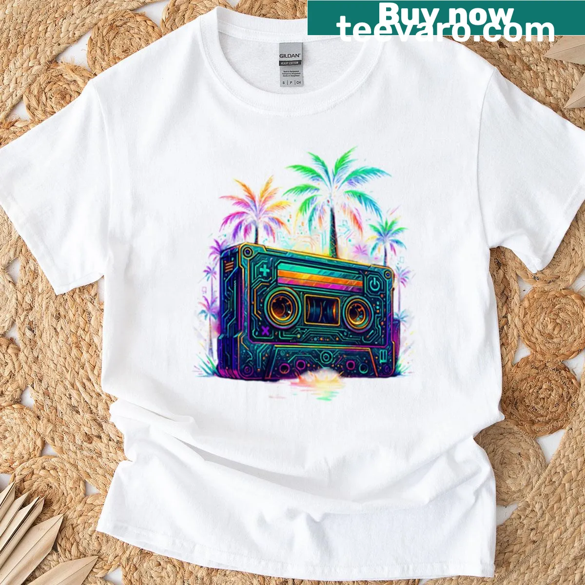 Retro design of a boombox with palm trees on a T-shirt. — on a men's t-shirt