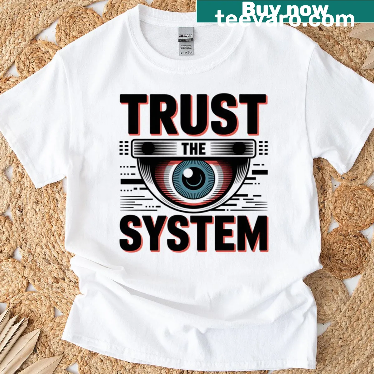 Text design reading 'Trust The System' on a T-shirt. — on a men's t-shirt