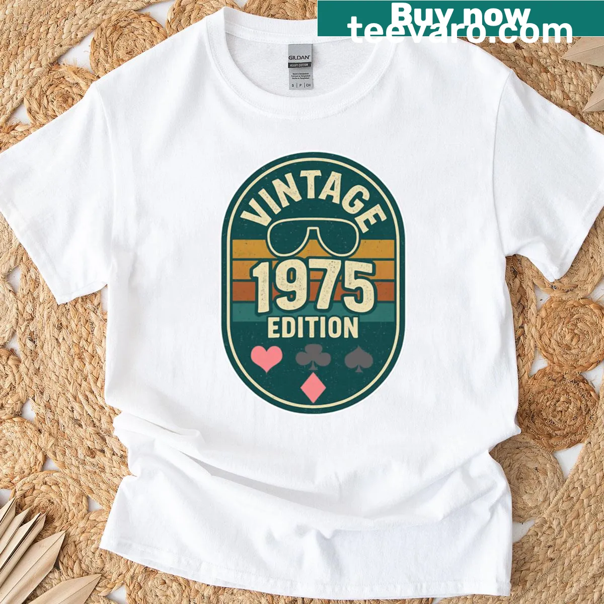 Vintage 1975 sunglasses graphic on T-shirt — on a men's t-shirt