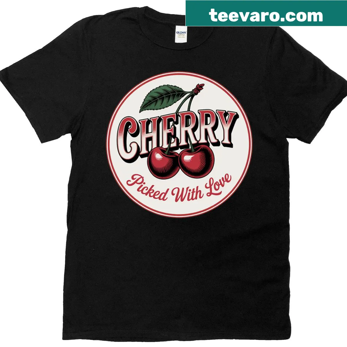 Retro T-shirt with a vintage fruit cherry label graphic — on a men's t-shirt