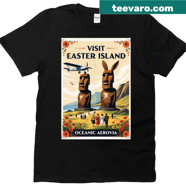 Travel poster design with Moai statues and bunny ears graphic.