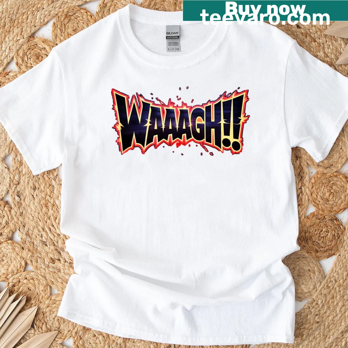 Warhammer 40k Ork t-shirt featuring the phrase 'Waaagh' — on a men's t-shirt