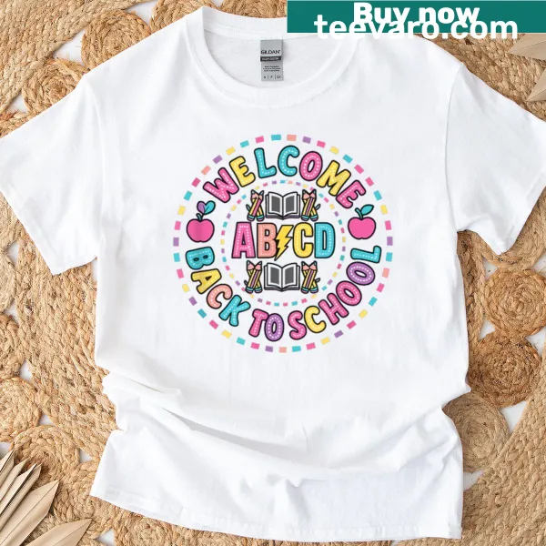 Funny back-to-school teacher t-shirt with ABCD text