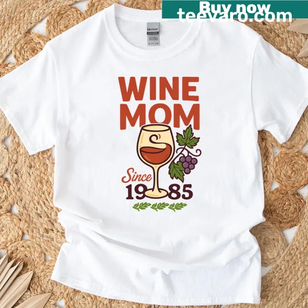 Vintage-style shirt with 'Wine Mom Since 1985' and grape glass graphic