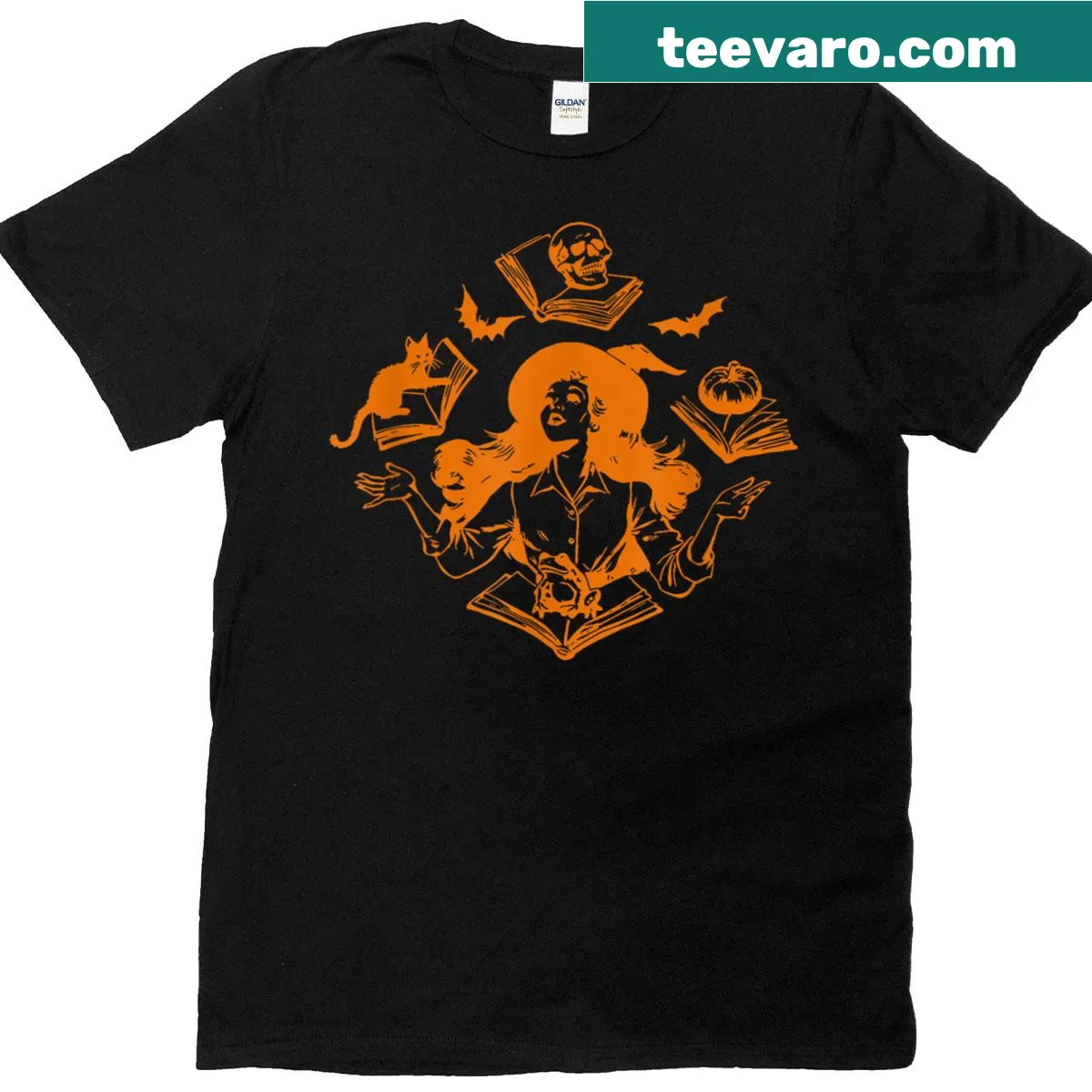 T-shirt with 'Witchy Book Club' text and book illustration — on a men's t-shirt