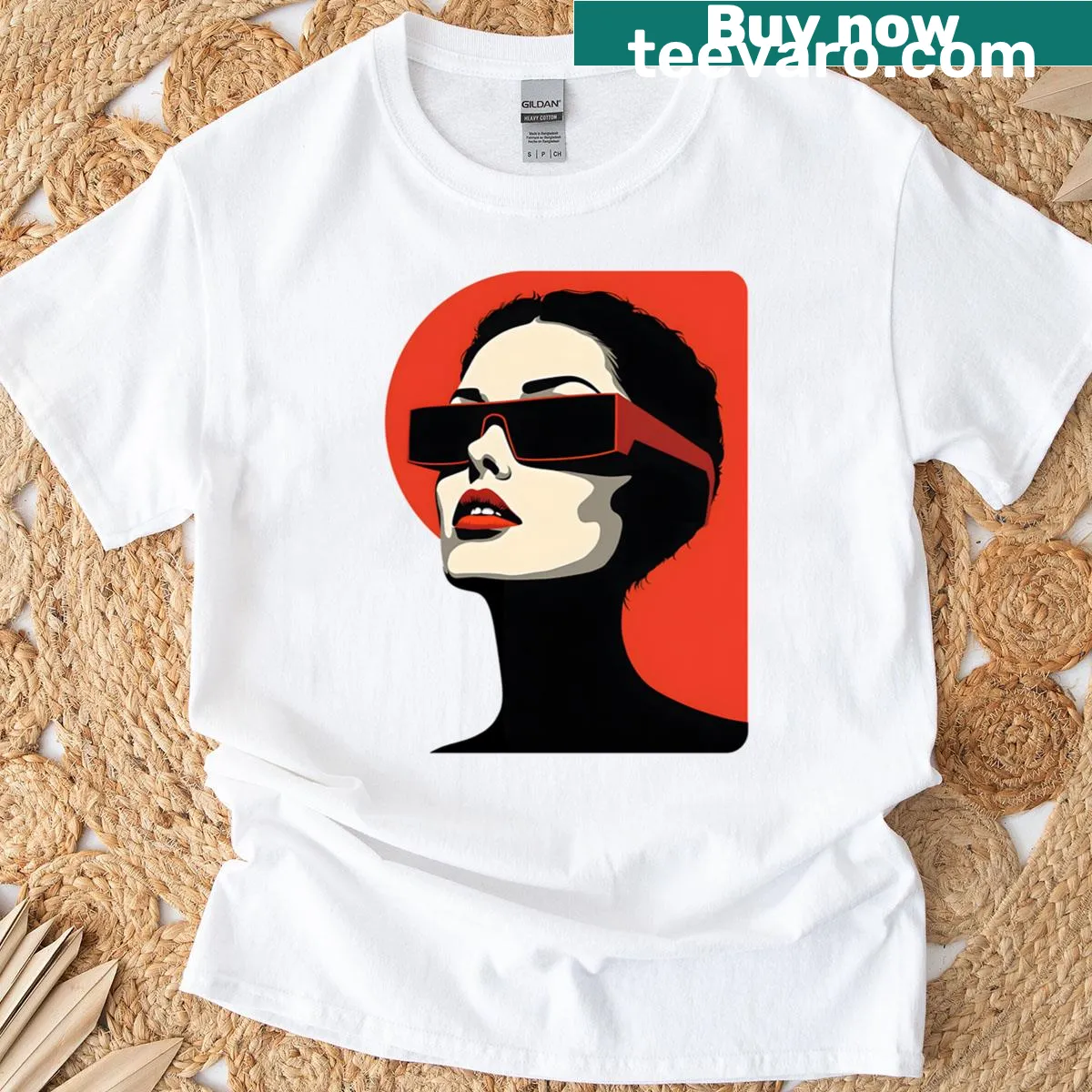 Abstract art t-shirt featuring a woman with red sunglasses — on a men's t-shirt
