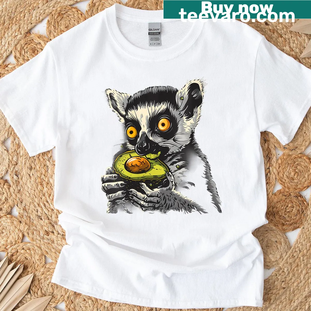 Cute illustration of a lemur with an avocado on T-shirt — on a men's t-shirt