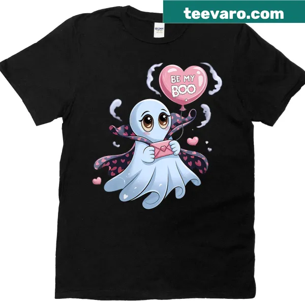 Cute pink ghost graphic with text 'Be My Boo' on T-shirt
