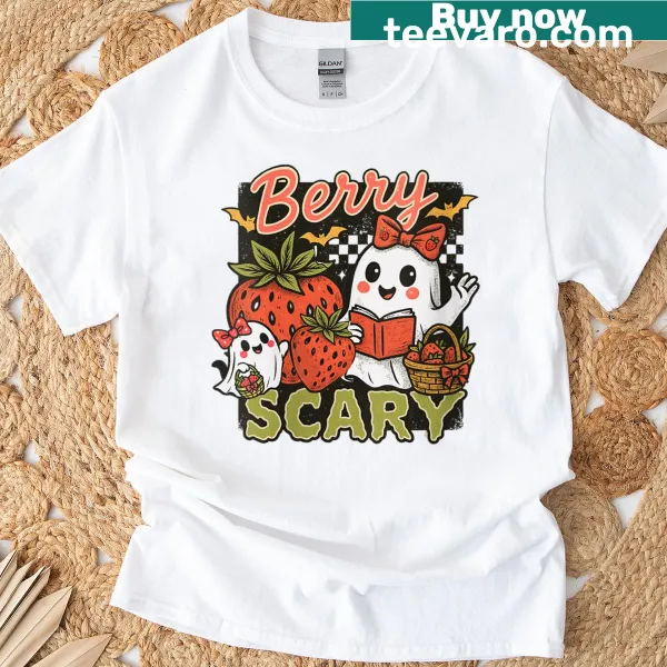 Cute Halloween T-shirt featuring ghosts and strawberries