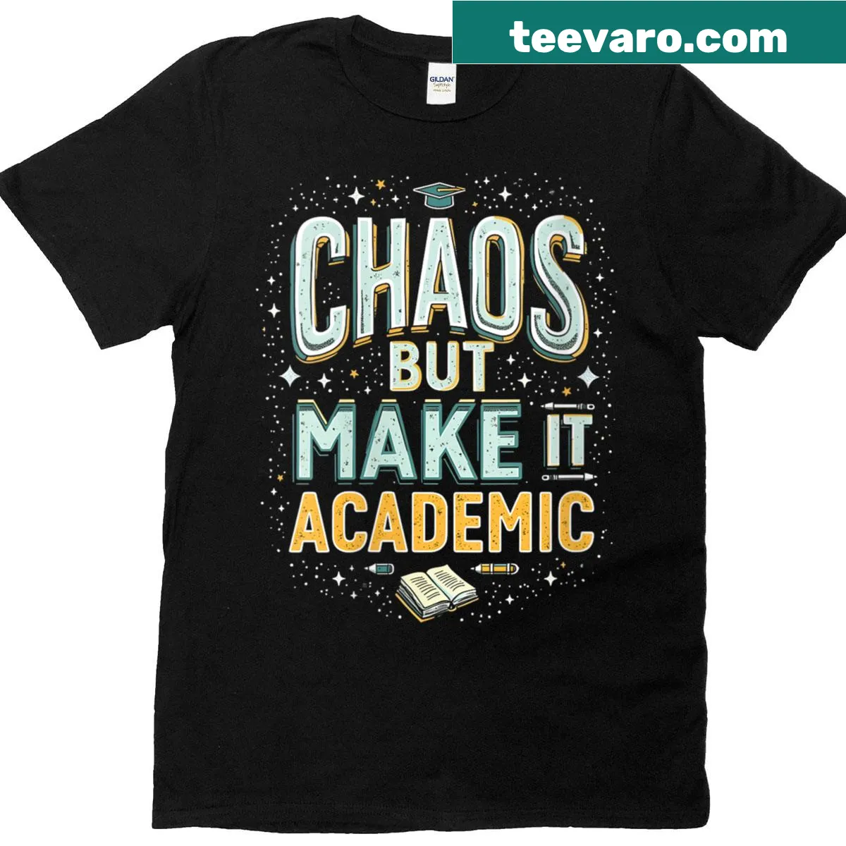 Funny teacher t-shirt with academic chaos theme — on a men's t-shirt