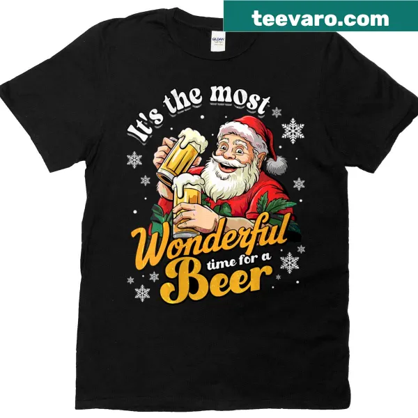 Funny Christmas T-shirt for women with Santa and beer text