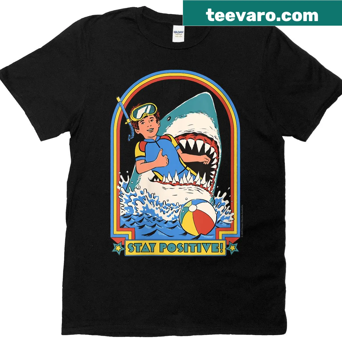Funny shark t-shirt with Stay Positive phrase in retro style. — on a men's t-shirt