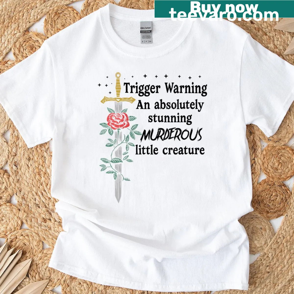 Funny T-shirt with 'Youre An Absolutely Stunning Murderous Little Creature' text — on a men's t-shirt