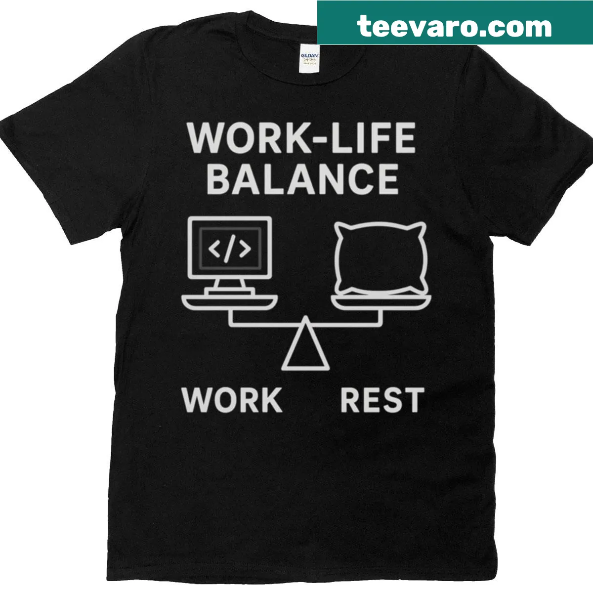 Minimalist design promoting work-life balance with clean typography — on a men's t-shirt