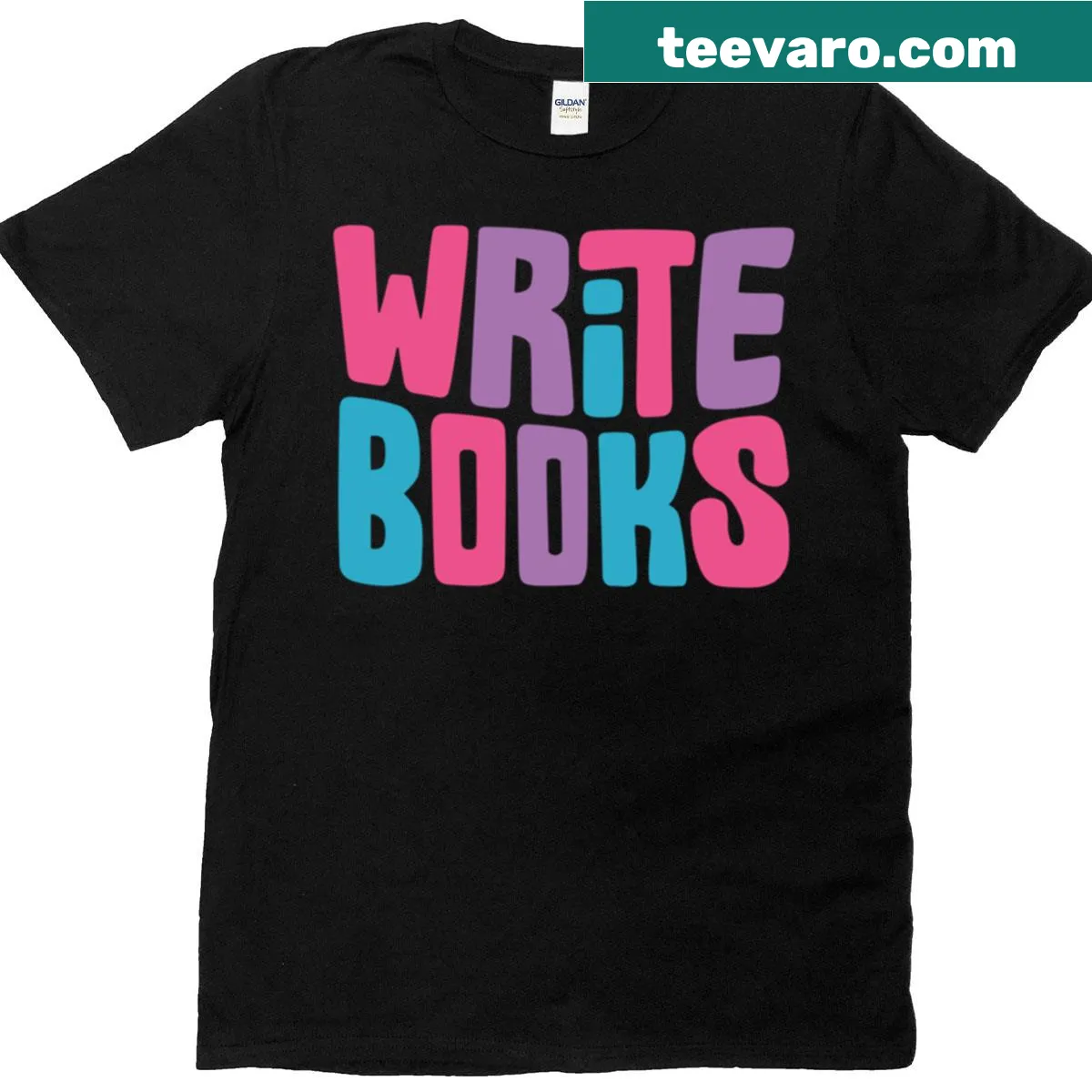 Bi-themed Write Bi Books T-shirt with bold typography — on a men's t-shirt