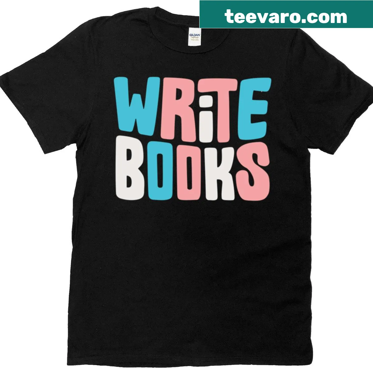 Trans-themed Write Trans Books T-shirt with standout typography — on a men's t-shirt