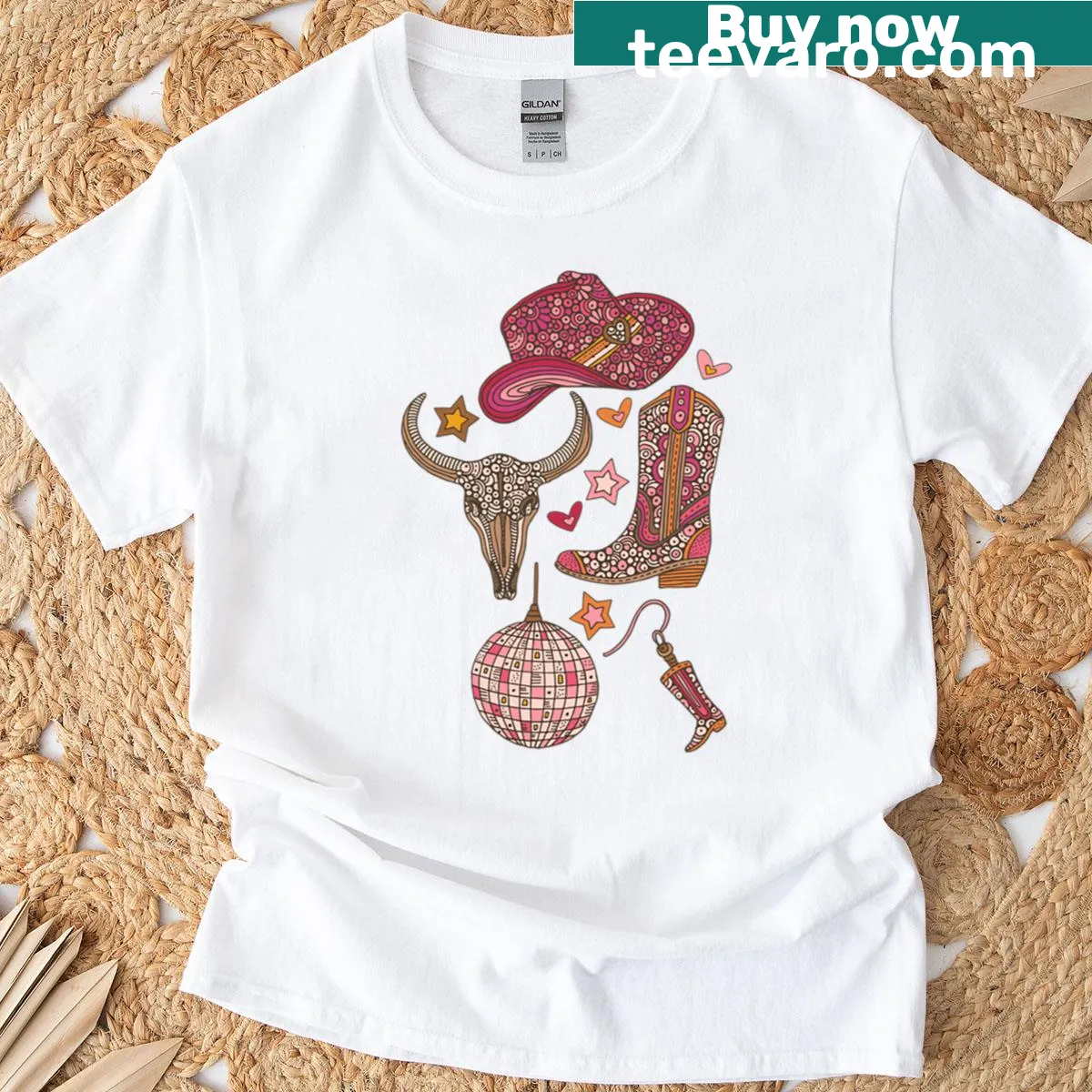 Graphic T-shirt with cowgirl boots and cactus patterns — on a men's t-shirt