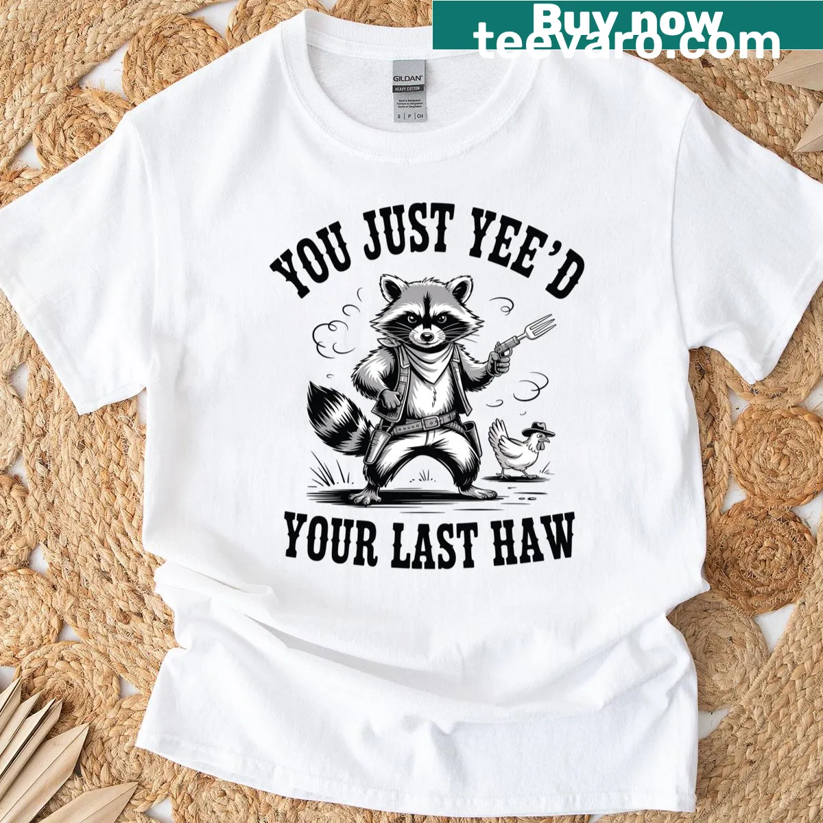 Funny T-shirt with a cowboy raccoon and playful phrase — on a men's t-shirt