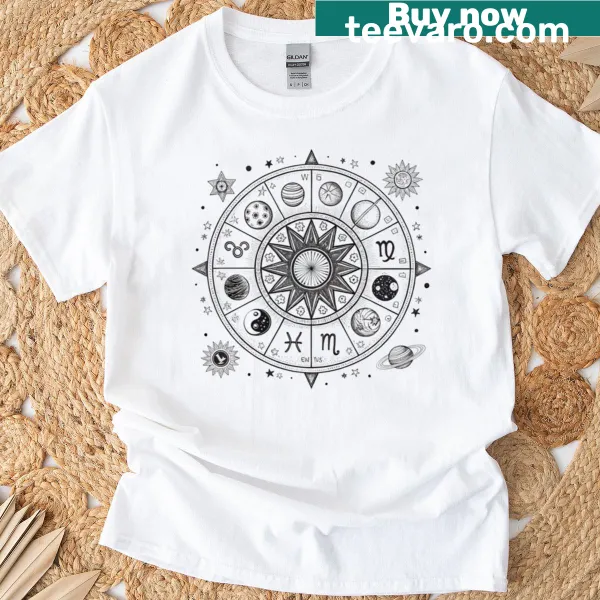 T-shirt featuring an intricate Zodiac Wheel design