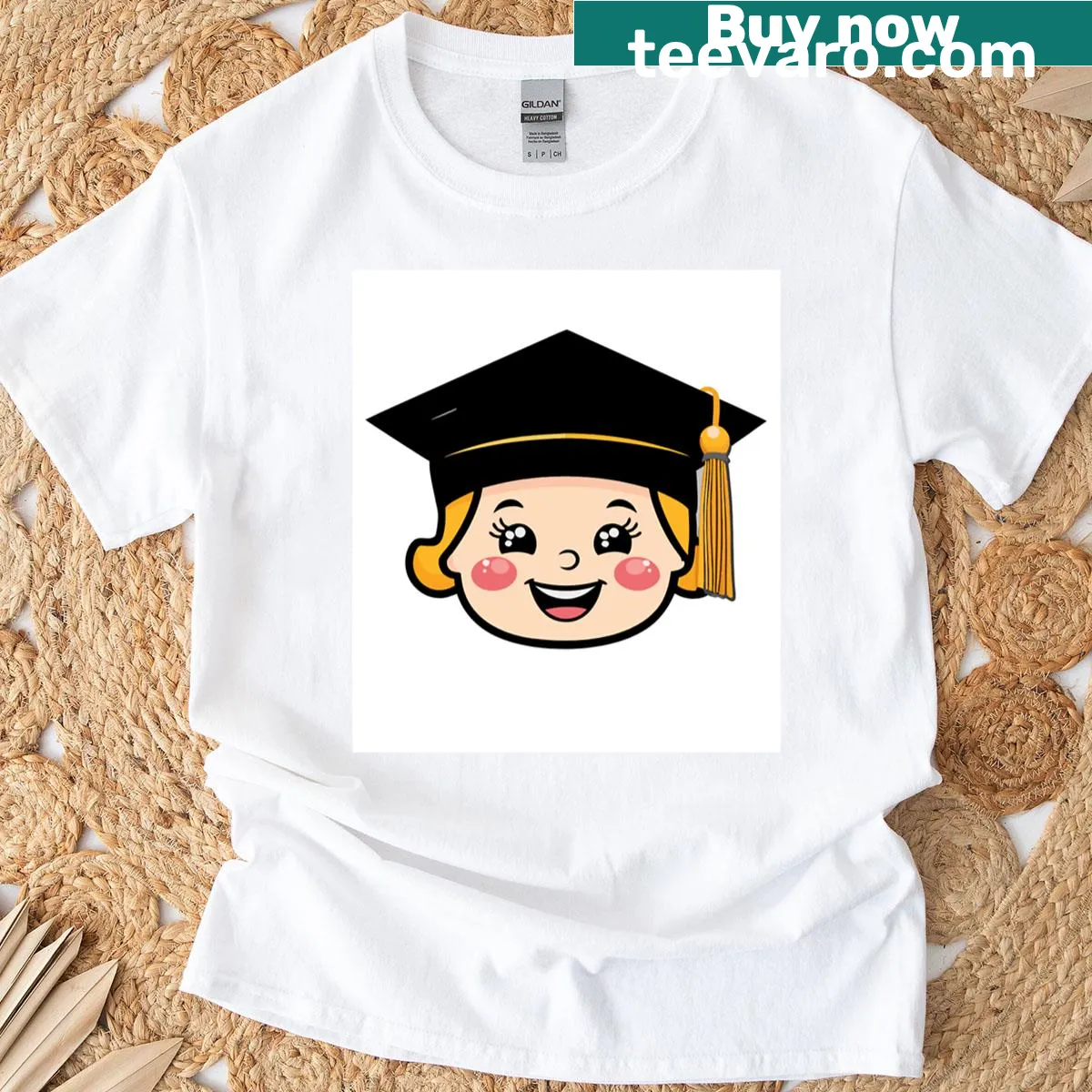 Cartoon character wearing a graduation hat and smiling on a t-shirt — on a men's t-shirt