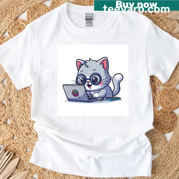 Cute cartoon cat with a laptop design on a t-shirt for programmers