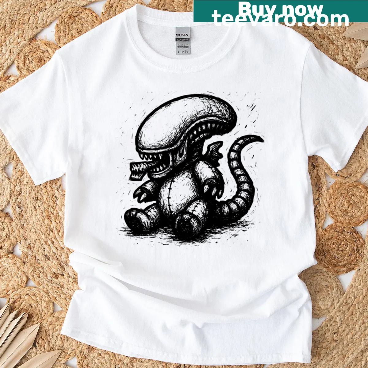 Creepy cute alien plush line-art graphic t-shirt. — on a men's t-shirt
