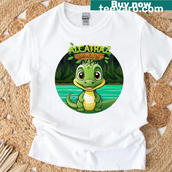 Cartoon alligator character on a warning graphic t-shirt