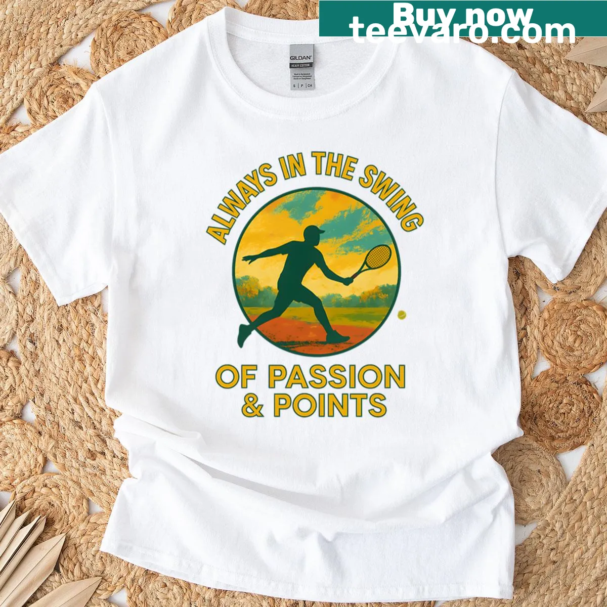 Inspirational t-shirt with tennis phrase 'Always In The Swing' — on a men's t-shirt