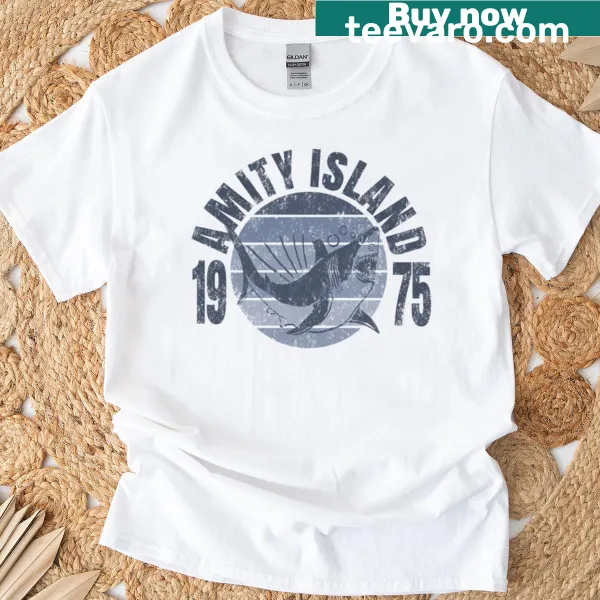 Vintage-style t-shirt featuring Amity Island design from a classic horror film