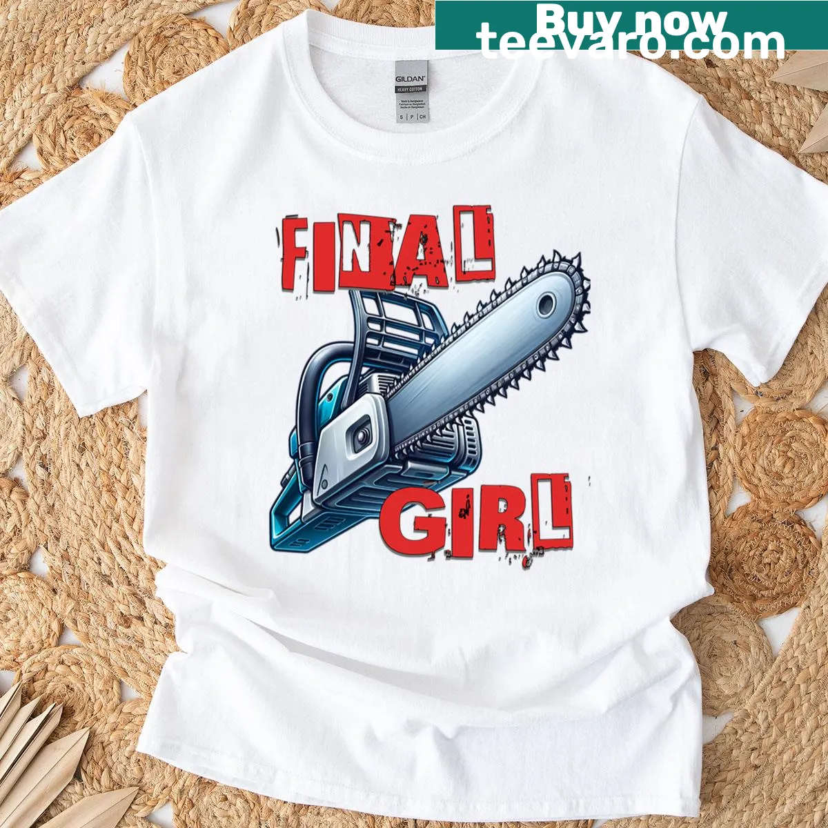 Graphic T-shirt asking 'Are You The Final Girl?' in horror style. — on a men's t-shirt
