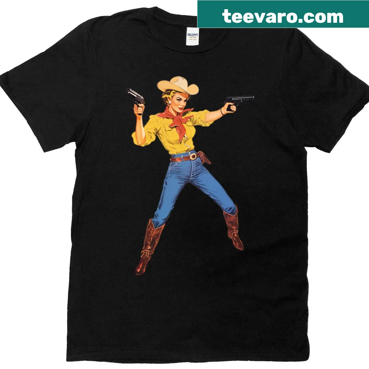 Playful Bang Bang Cowgirl graphic t-shirt featuring a cowgirl silhouette — on a men's t-shirt
