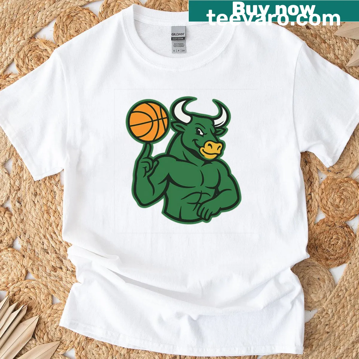 Oversized T-shirt featuring a bull graphic in a basketball theme. — on a men's t-shirt