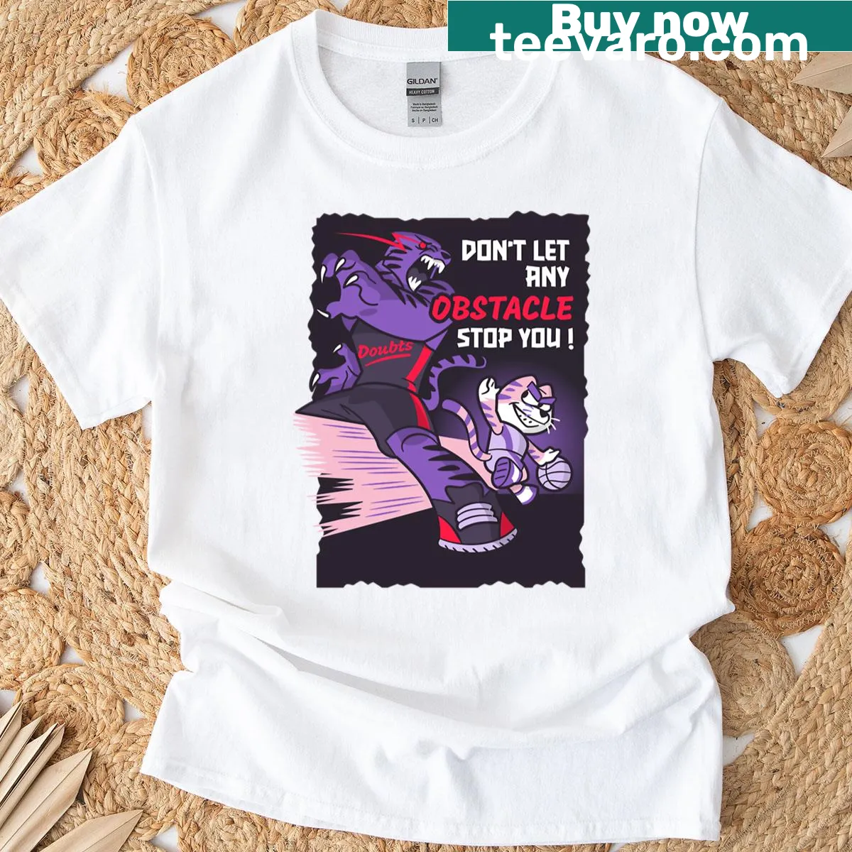 Cartoon basketball player with motivational text 'No Obstacles Stop You' — on a men's t-shirt