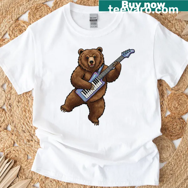 Cartoon bear playing a keytar on a t-shirt