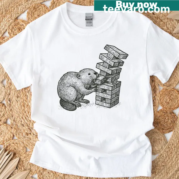 Illustration of a beaver balancing Jenga on oversized t-shirt