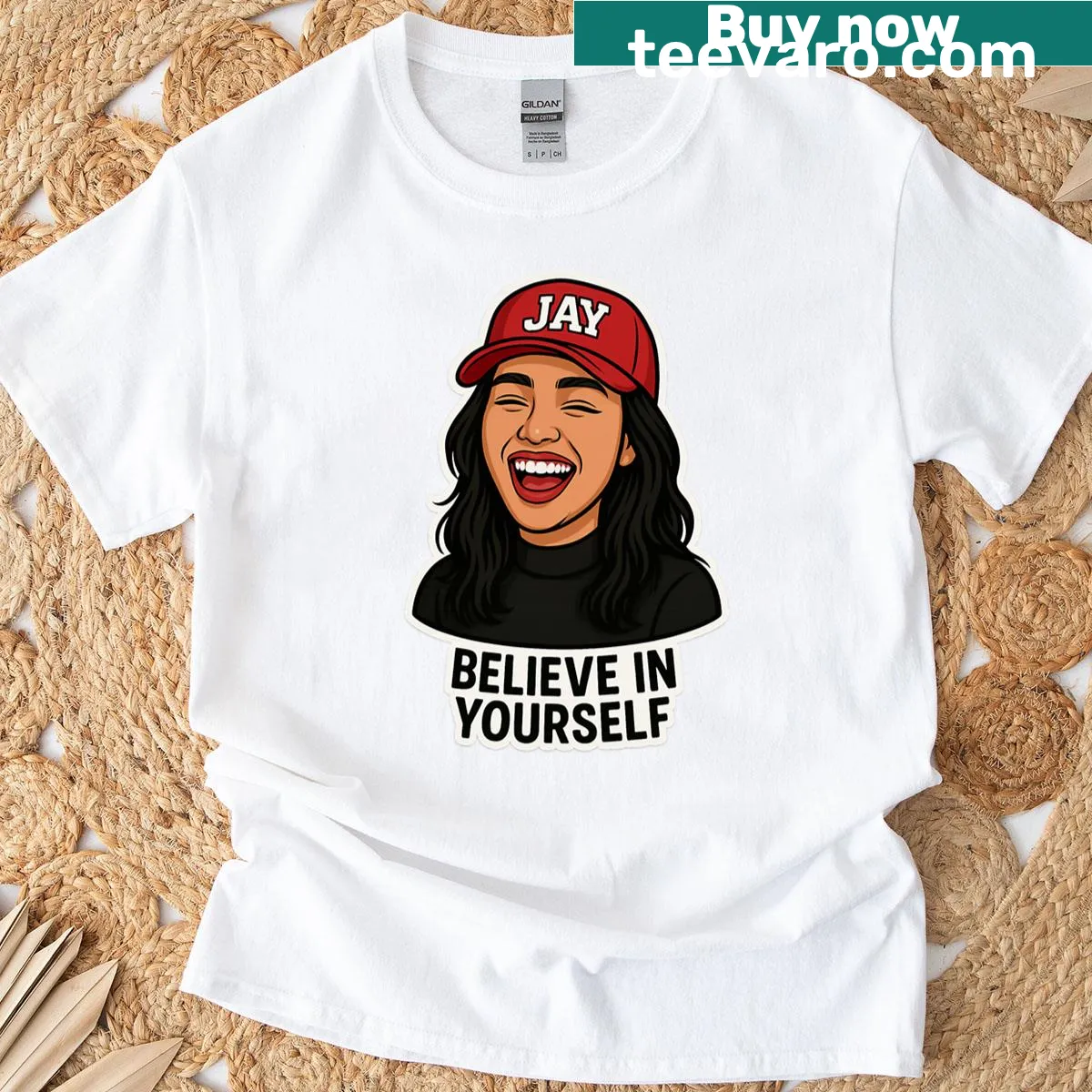 Motivational cartoon oversized T-shirt with 'Believe In Yourself' graphic — on a men's t-shirt