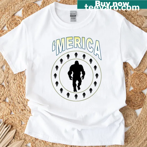 Patriotic T-shirt featuring Bigfoot and American flag elements
