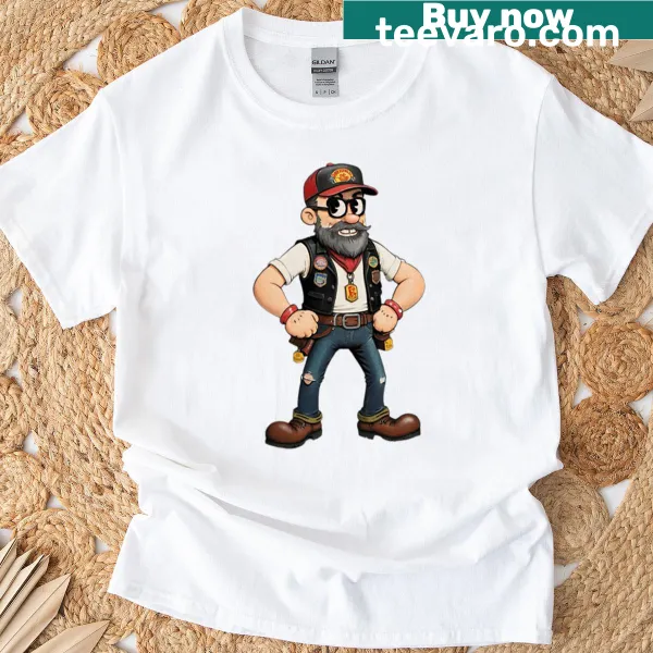 Cartoon biker character on a playful T-shirt