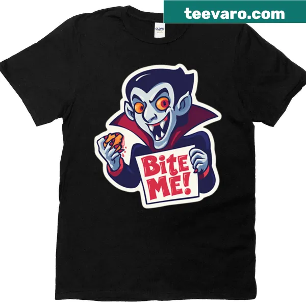 Funny vampire t-shirt with ‘Bite Me’ text and cartoon art