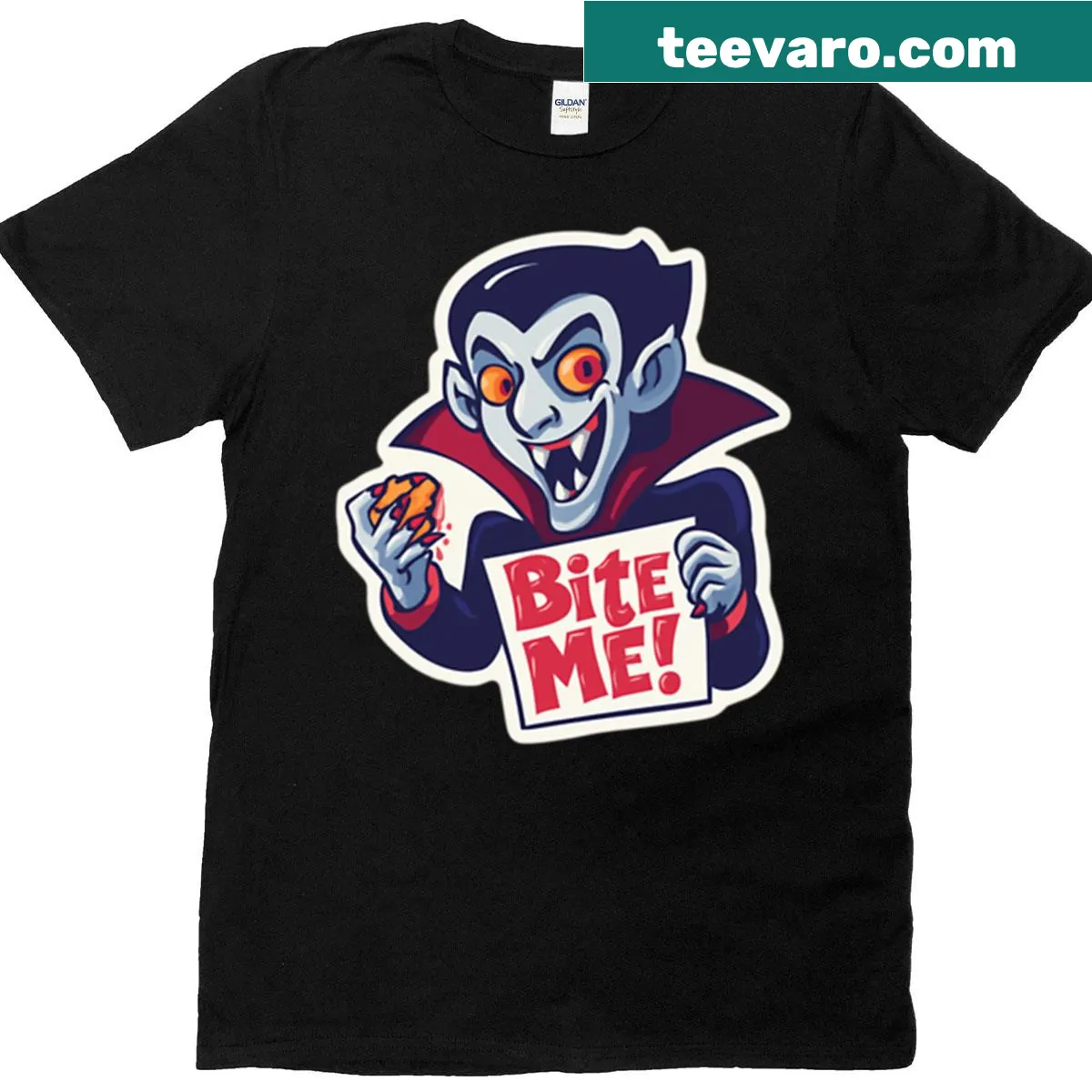 Funny vampire t-shirt with ‘Bite Me’ text and cartoon art — on a men's t-shirt