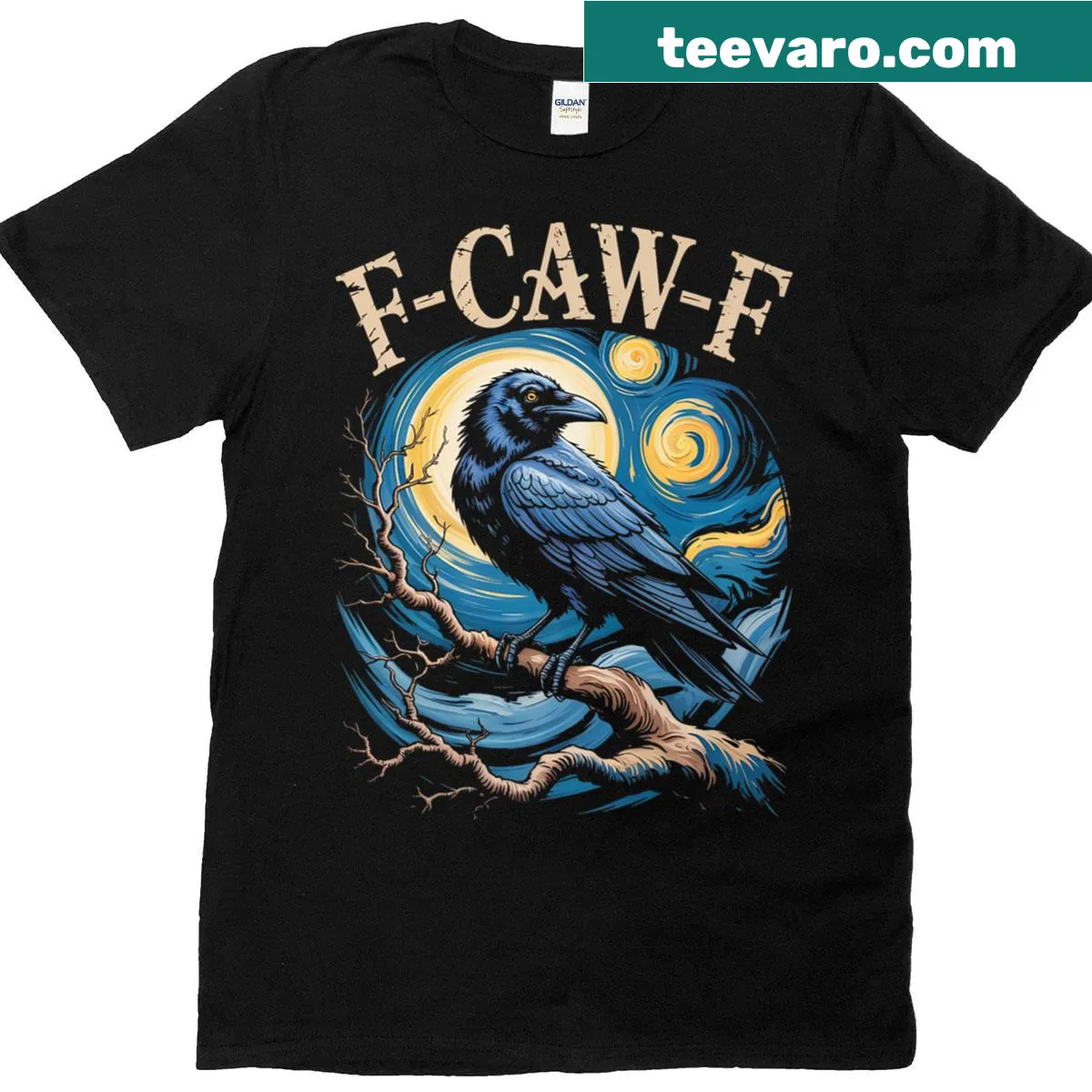 Illustration T-shirt with black crow and Starry Night theme — on a men's t-shirt