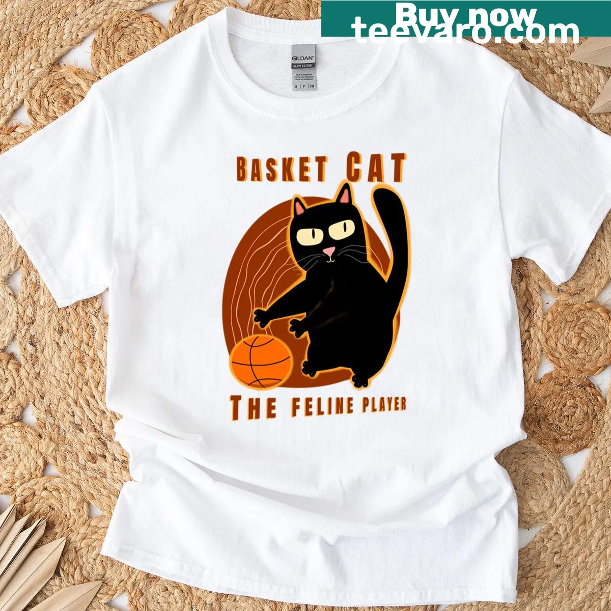 Cute graphic of a black kitten as a basketball player on a t-shirt — on a men's t-shirt