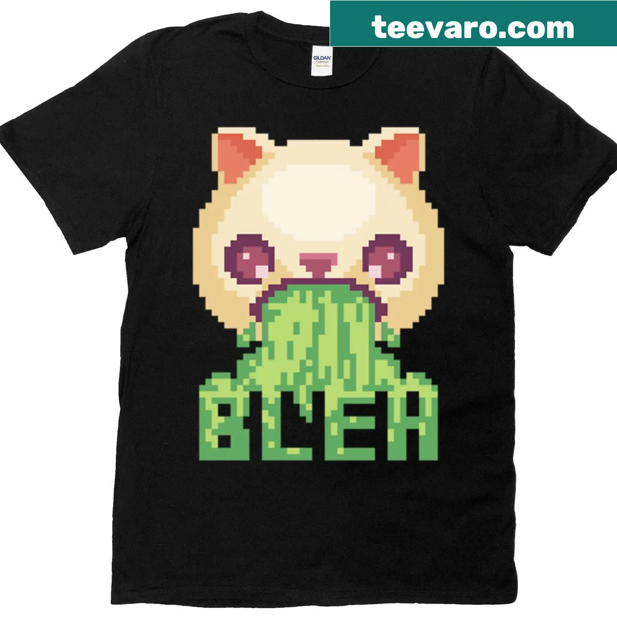 Pixel art T-shirt featuring a funny cat emoji — on a men's t-shirt